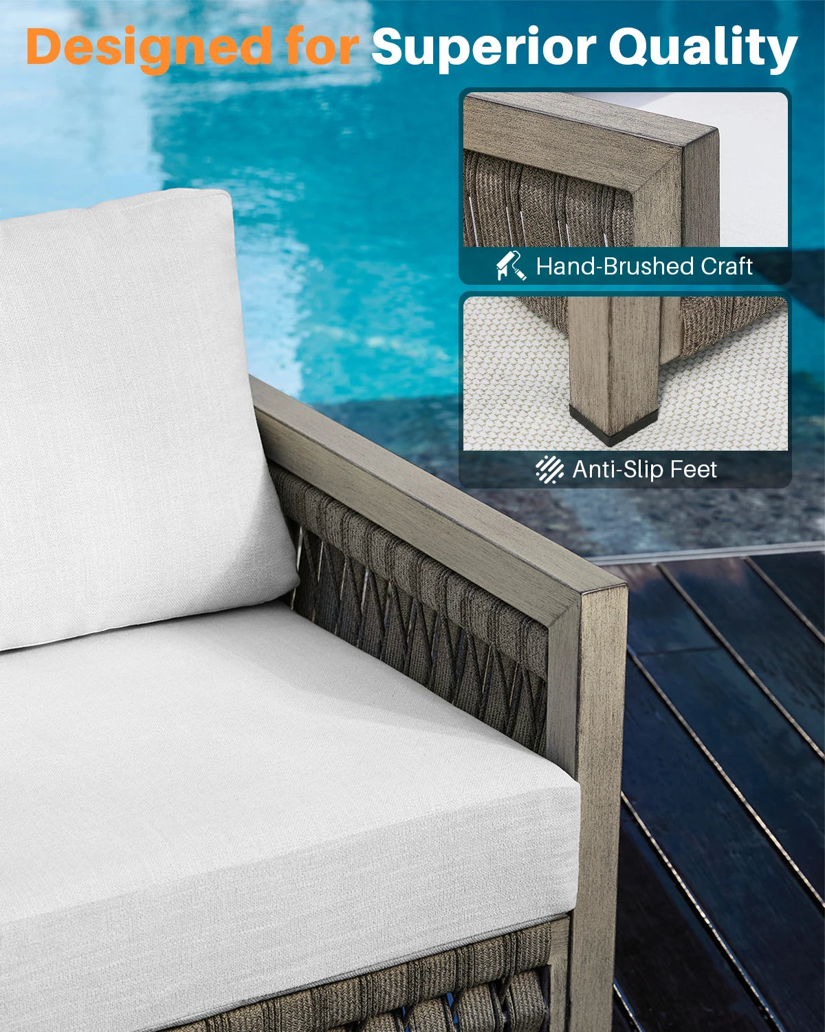 SeeHill 4-Piece Patio Furniture Set, Aluminum Rope Weave Sofa with Cushions and Coffee Table, Outdoor Garden Set, Gray Oak