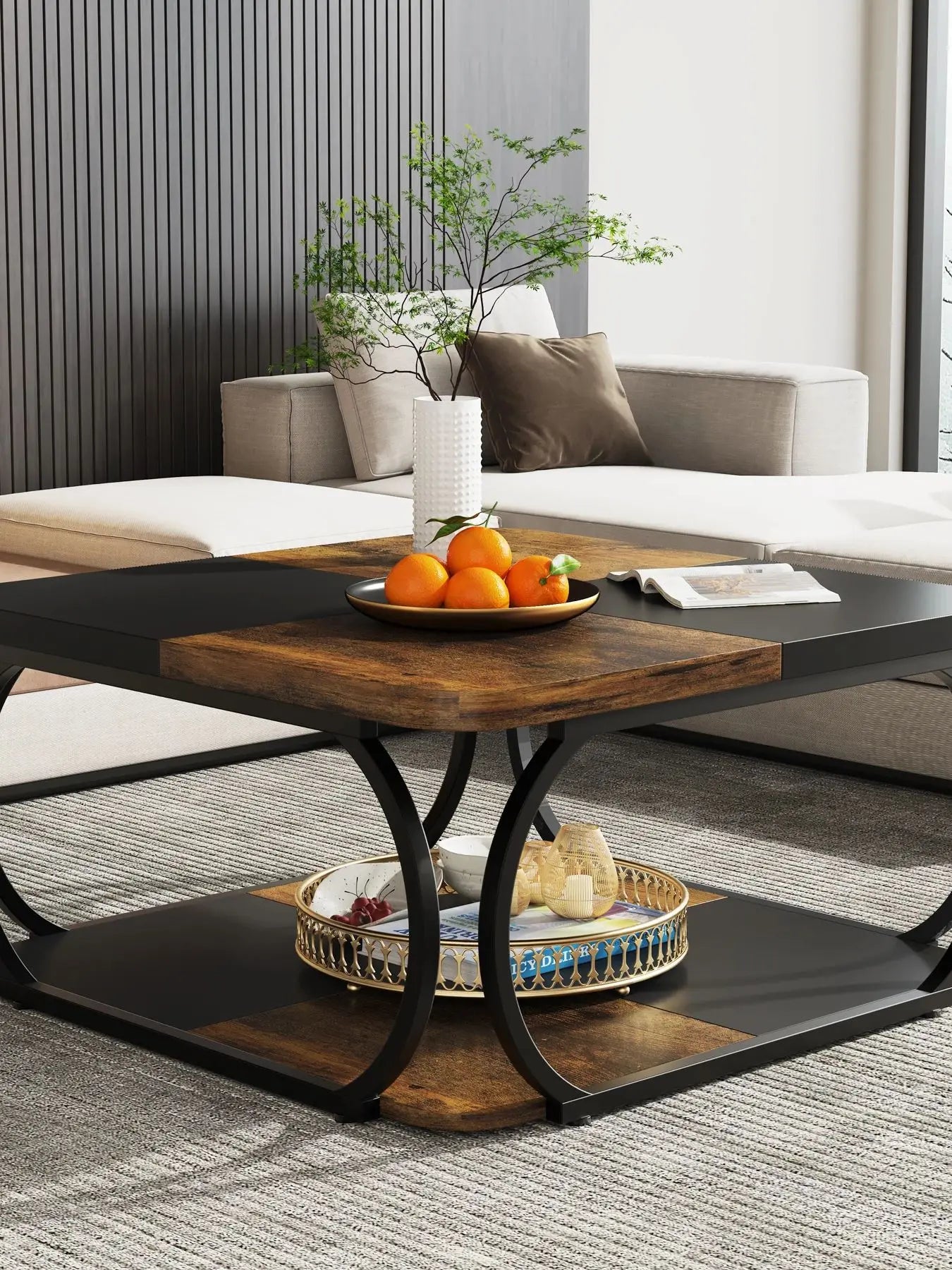 Tribesigns Square Coffee Table with 2 Tiers, 40 inches Low Farmhouse Coffee Table with Wood Storage Shelf Heavy Duty Metal Curve