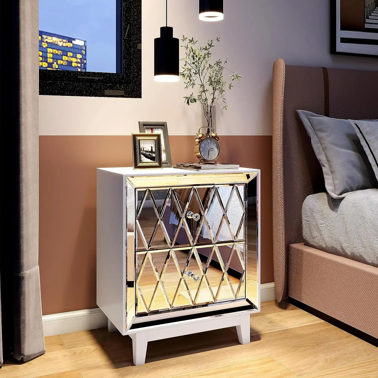 SHYFOY 12x18x22" Nightstand Mirrored, White Night Stand with 2 Drawers, Silver End Table, mesas de Noche para cuartos