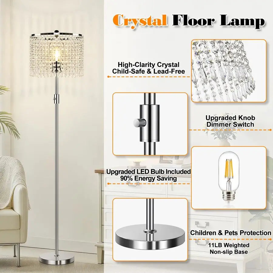 Dimmable Crystal Floor Lamps for Living Room, 1000LM LED Bulb Included, Standing Lamp with Knob Switch, Tall Silver Pole Light f