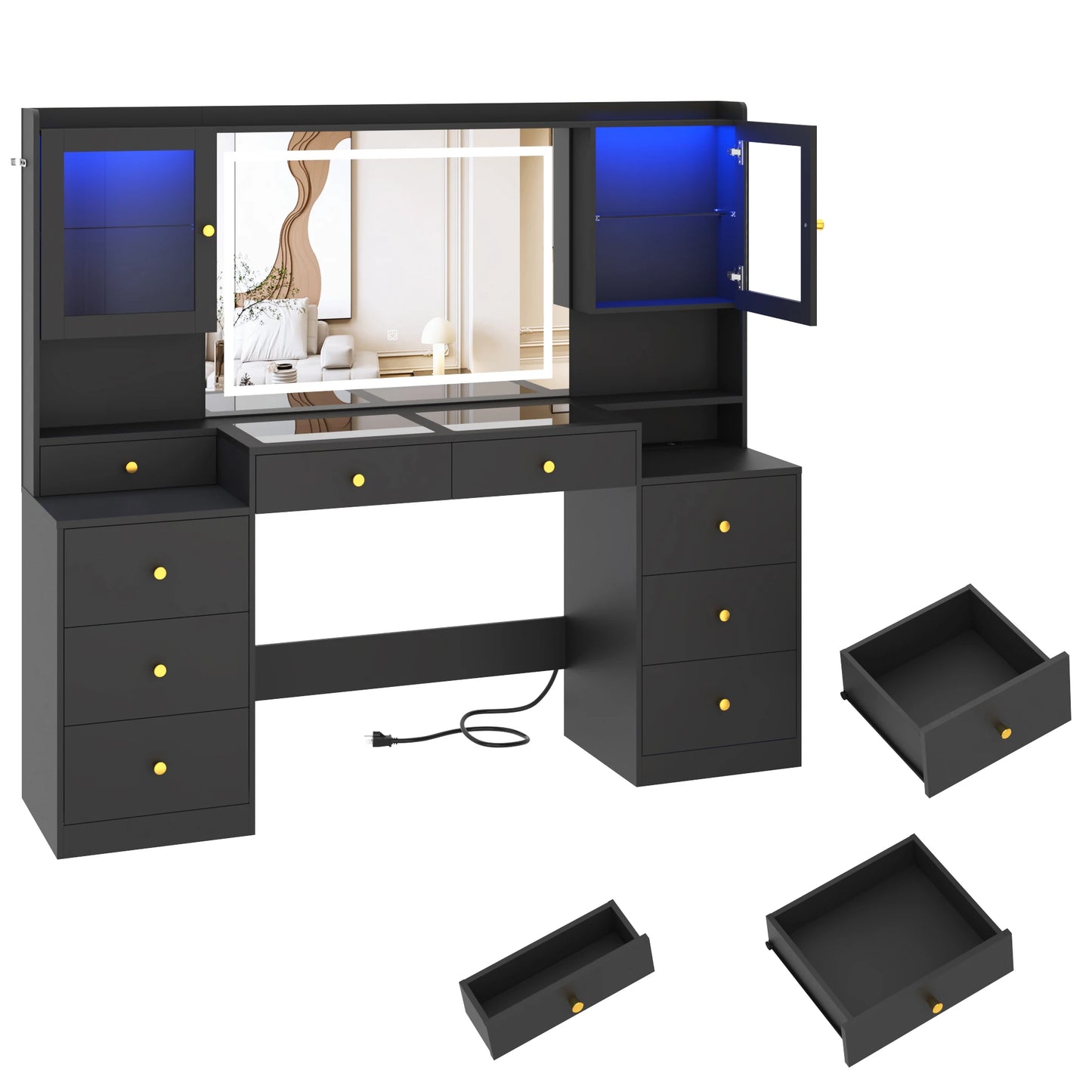 62" Large Vanity Desk with Mirror and Lights, Makeup Vanity with Charging Station, Sliding Drawers, 2 Cabinets with Glass Door