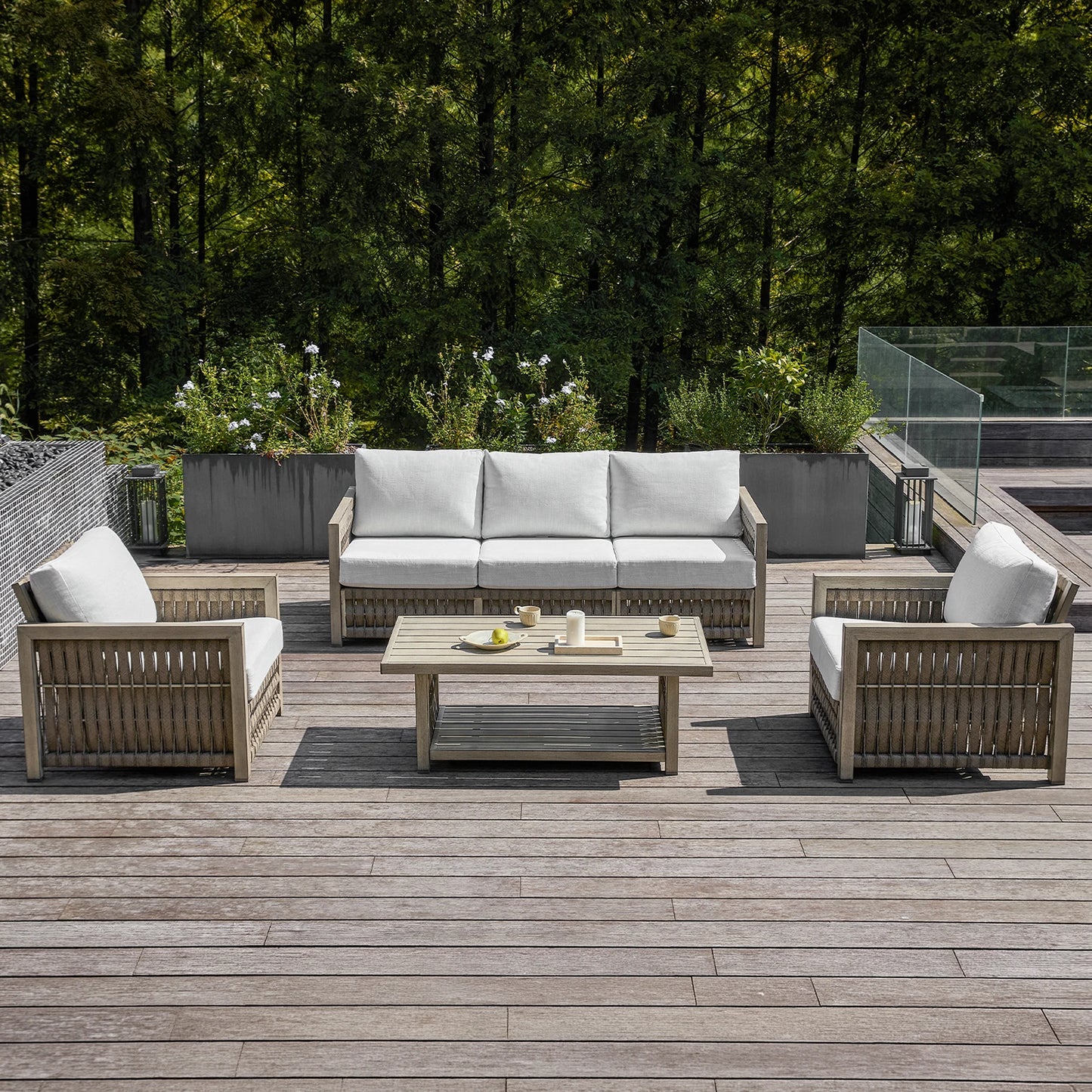 SeeHill 4-Piece Patio Furniture Set, Aluminum Rope Weave Sofa with Cushions and Coffee Table, Outdoor Garden Set, Gray Oak