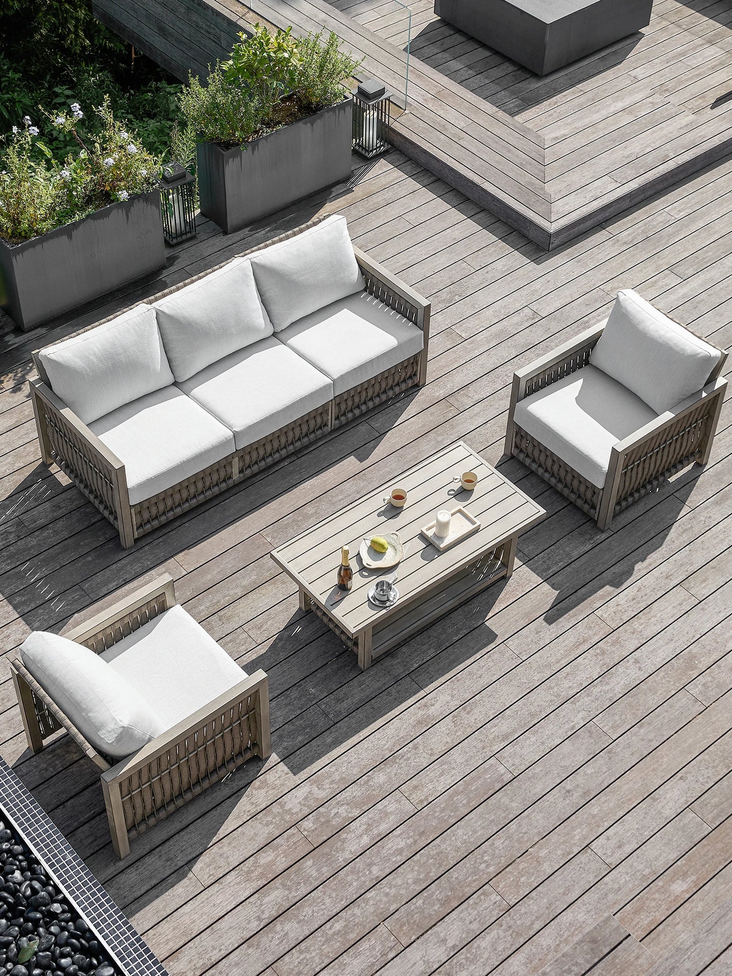 SeeHill 4-Piece Patio Furniture Set, Aluminum Rope Weave Sofa with Cushions and Coffee Table, Outdoor Garden Set, Gray Oak
