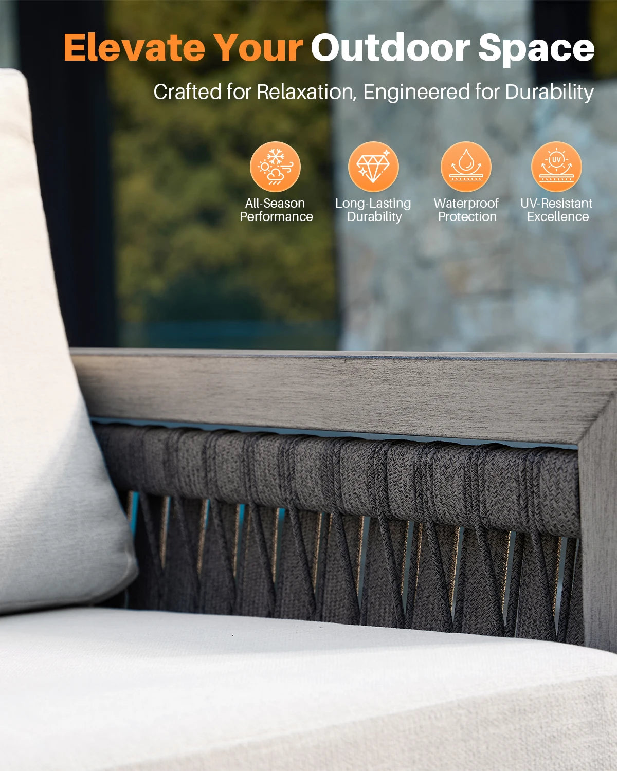 SeeHill 4-Piece Patio Furniture Set, Aluminum Rope Weave Sofa with Cushions and Coffee Table, Outdoor Garden Set, Gray Oak