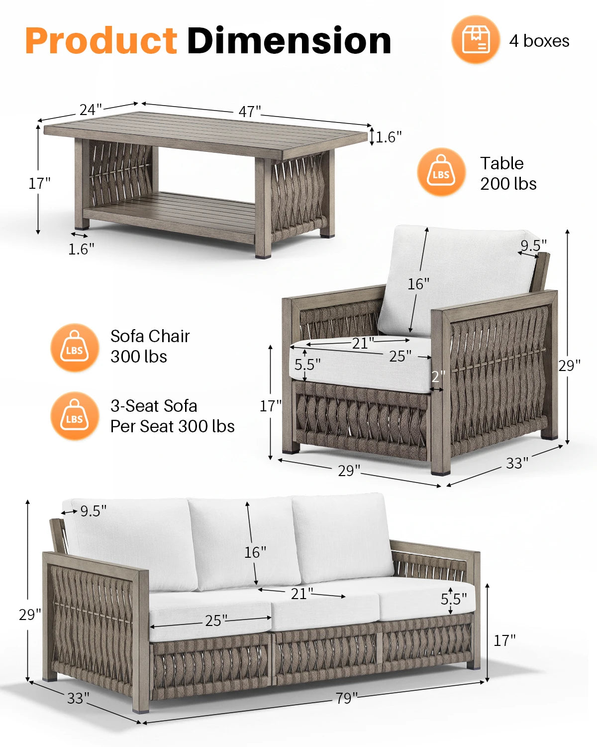 SeeHill 4-Piece Patio Furniture Set, Aluminum Rope Weave Sofa with Cushions and Coffee Table, Outdoor Garden Set, Gray Oak