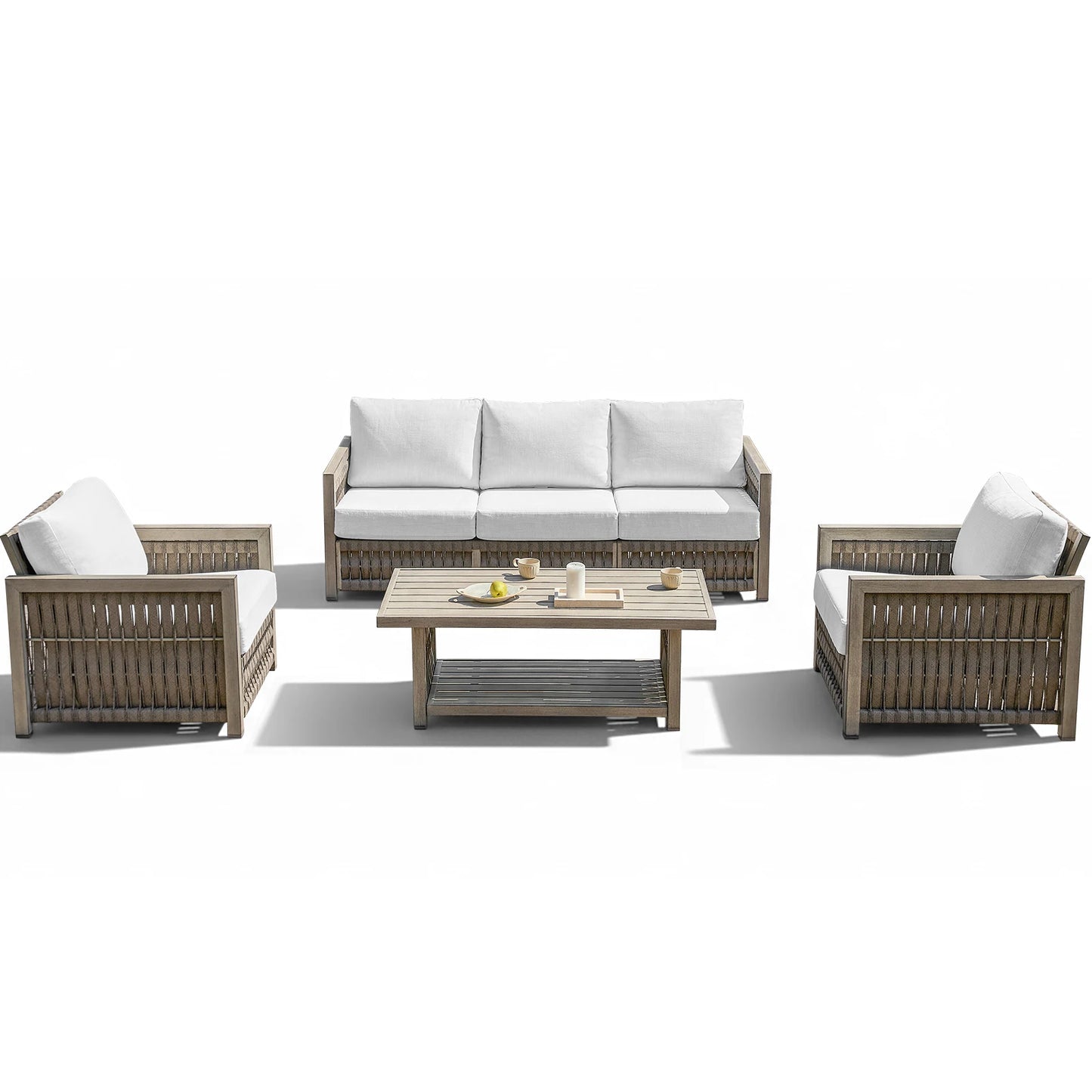 SeeHill 4-Piece Patio Furniture Set, Aluminum Rope Weave Sofa with Cushions and Coffee Table, Outdoor Garden Set, Gray Oak