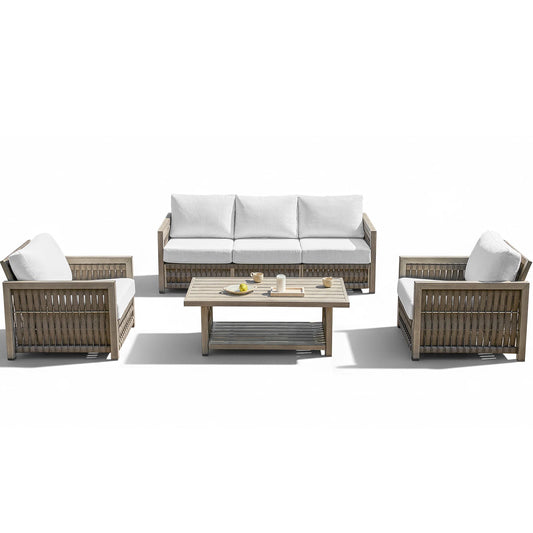 SeeHill 4-Piece Patio Furniture Set, Aluminum Rope Weave Sofa with Cushions and Coffee Table, Outdoor Garden Set, Gray Oak