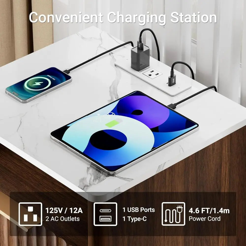 Walnut 2-Piece Nightstand Set with Charging & Marble Top, Storage End Tables for Bedroom