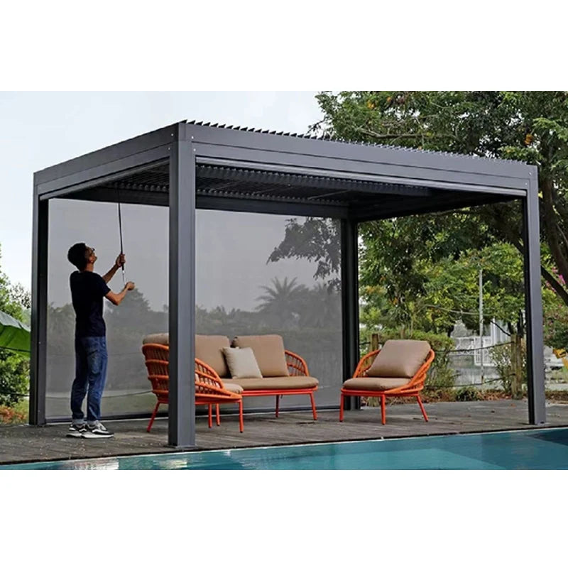 Bioclimatic Aluminum  Pergola 3x3m/10x10ft Manual flip louvered roof with manual roller blinds garden gazebo canopy