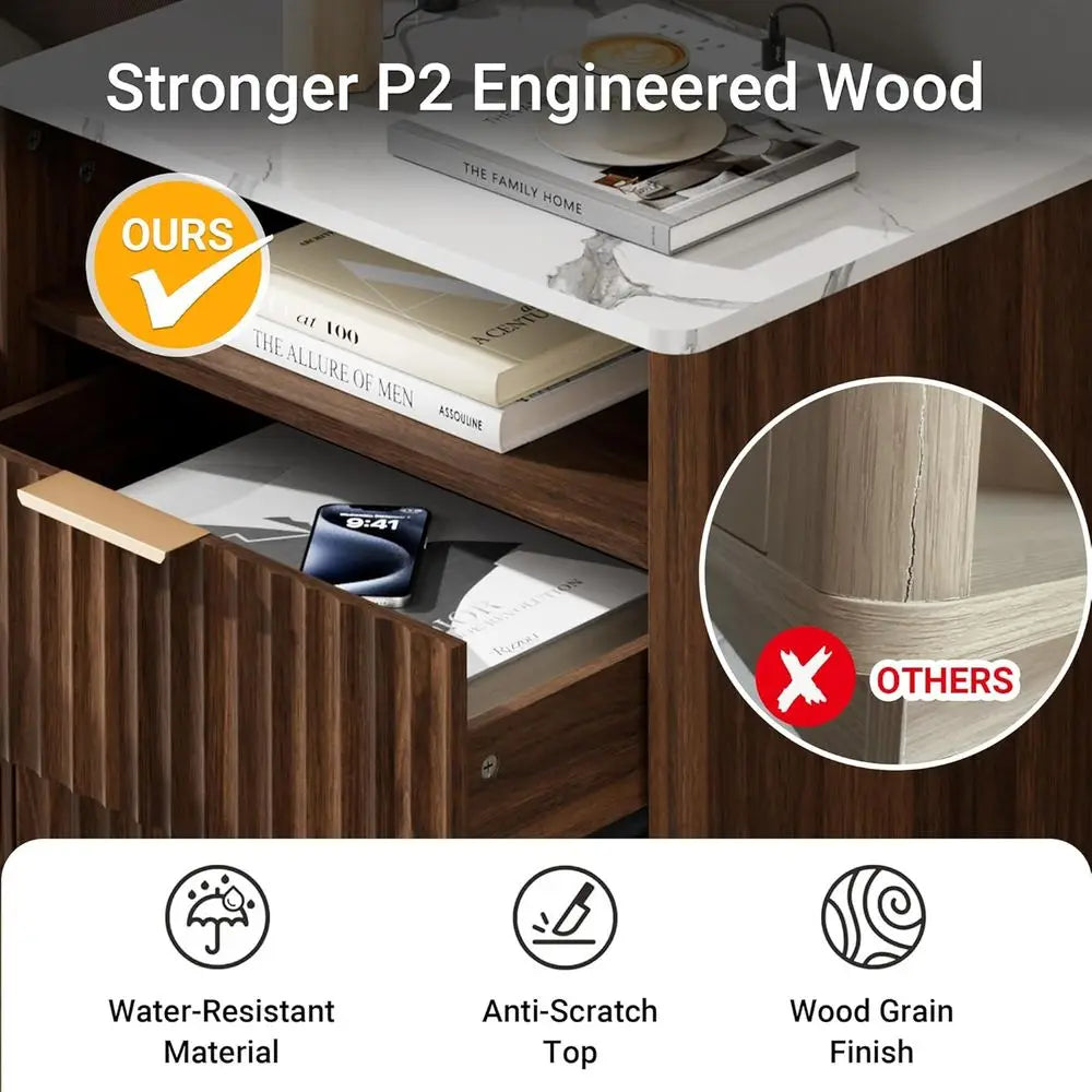 Walnut 2-Piece Nightstand Set with Charging & Marble Top, Storage End Tables for Bedroom