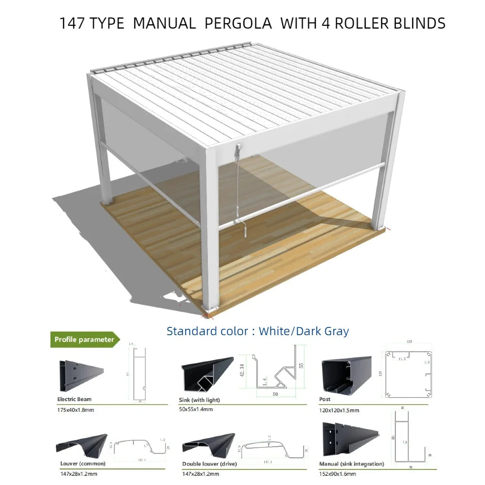 Bioclimatic Aluminum  Pergola 3x3m/10x10ft Manual flip louvered roof with manual roller blinds garden gazebo canopy
