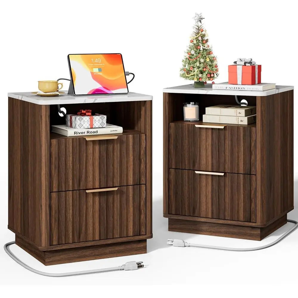 Walnut 2-Piece Nightstand Set with Charging & Marble Top, Storage End Tables for Bedroom