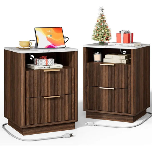 Walnut 2-Piece Nightstand Set with Charging & Marble Top, Storage End Tables for Bedroom