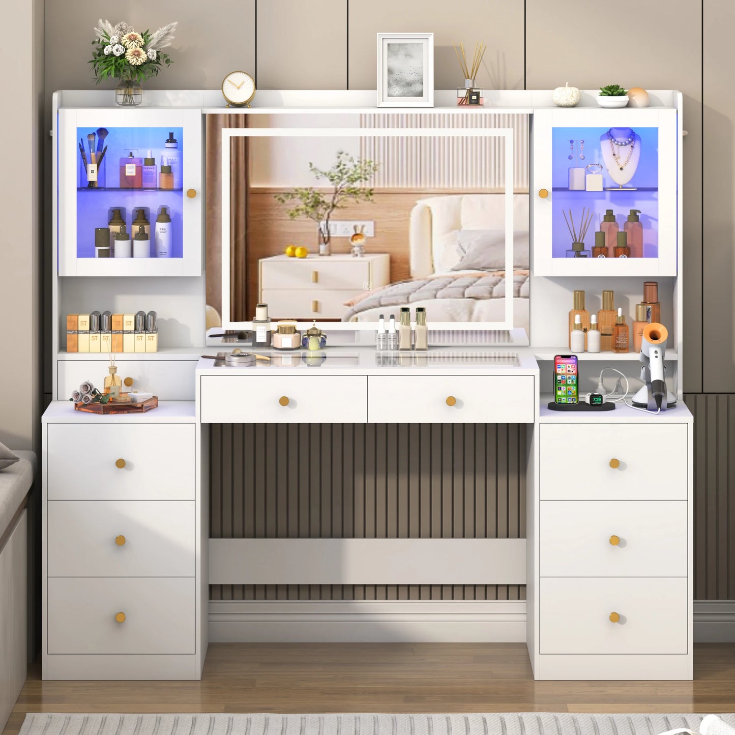 62" Large Vanity Desk with Mirror and Lights, Makeup Vanity with Charging Station, Sliding Drawers, 2 Cabinets with Glass Door