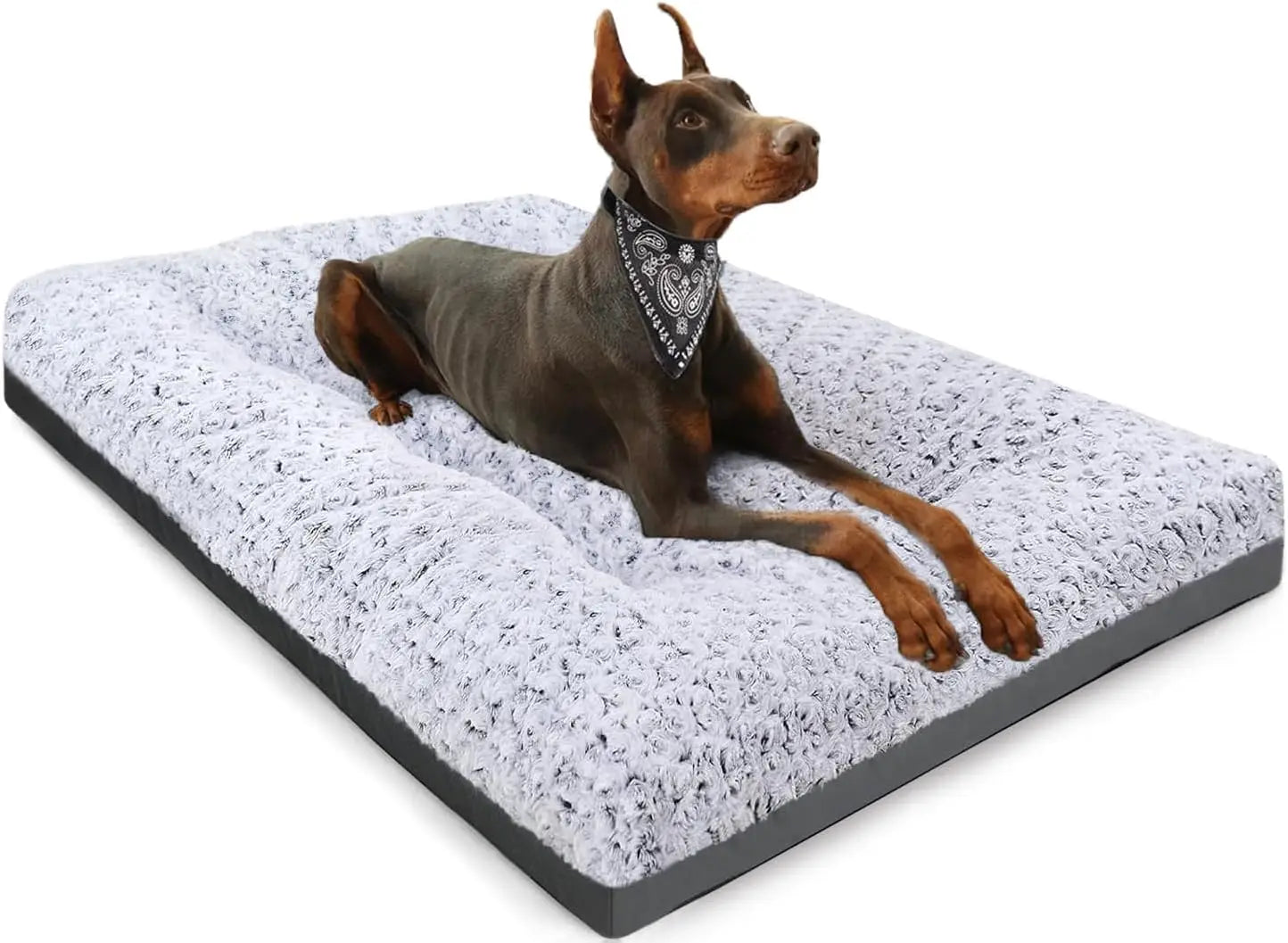 Deluxe Washable Dog Bed for Large Dogs, 35" x 23" Crate Mat, Comfy Fluffy Kennel Pad, Anti-Slip, Grey