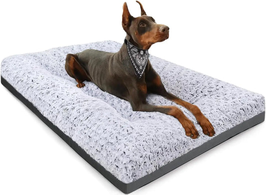 Deluxe Washable Dog Bed for Large Dogs, 35" x 23" Crate Mat, Comfy Fluffy Kennel Pad, Anti-Slip, Grey