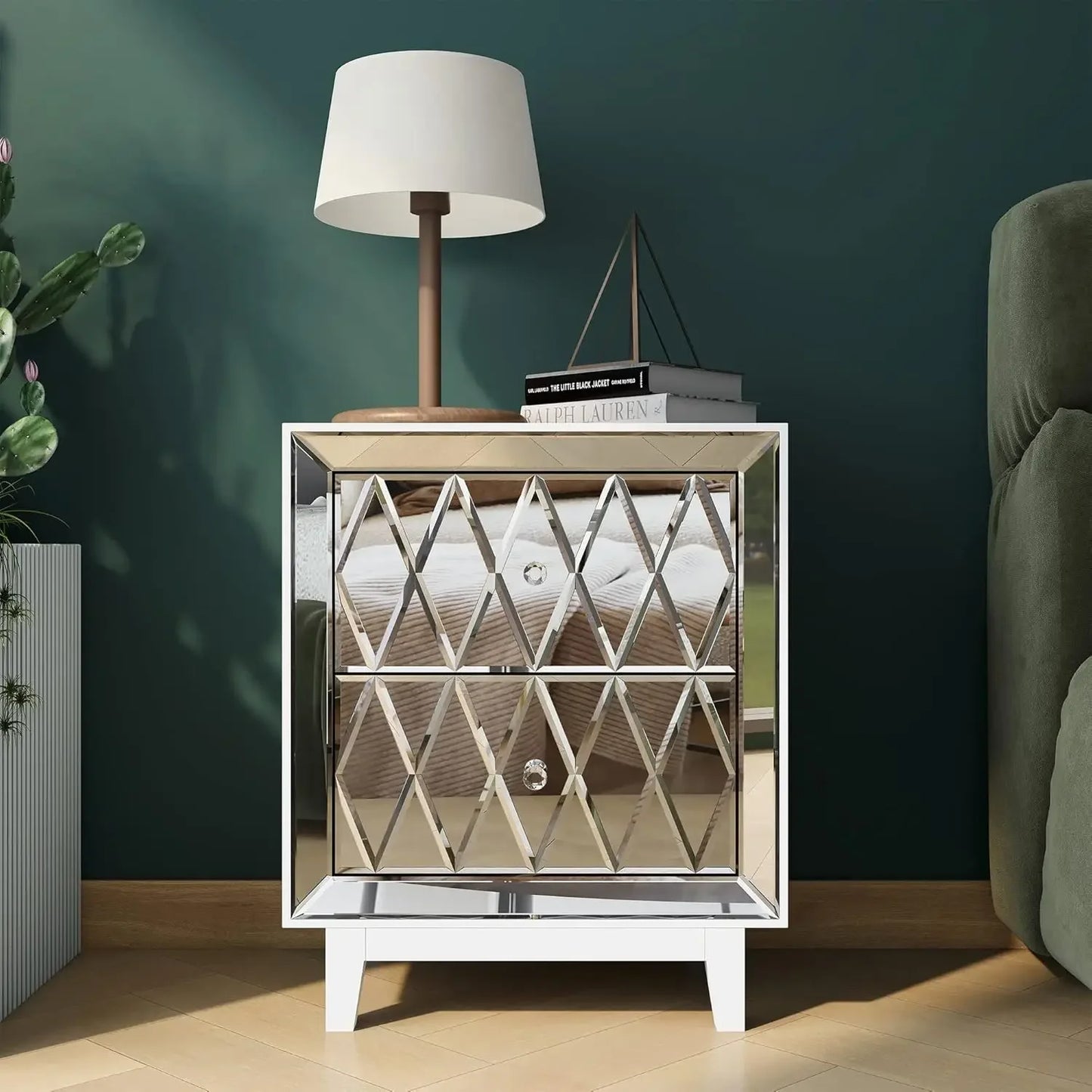 SHYFOY 12x18x22" Nightstand Mirrored, White Night Stand with 2 Drawers, Silver End Table, mesas de Noche para cuartos