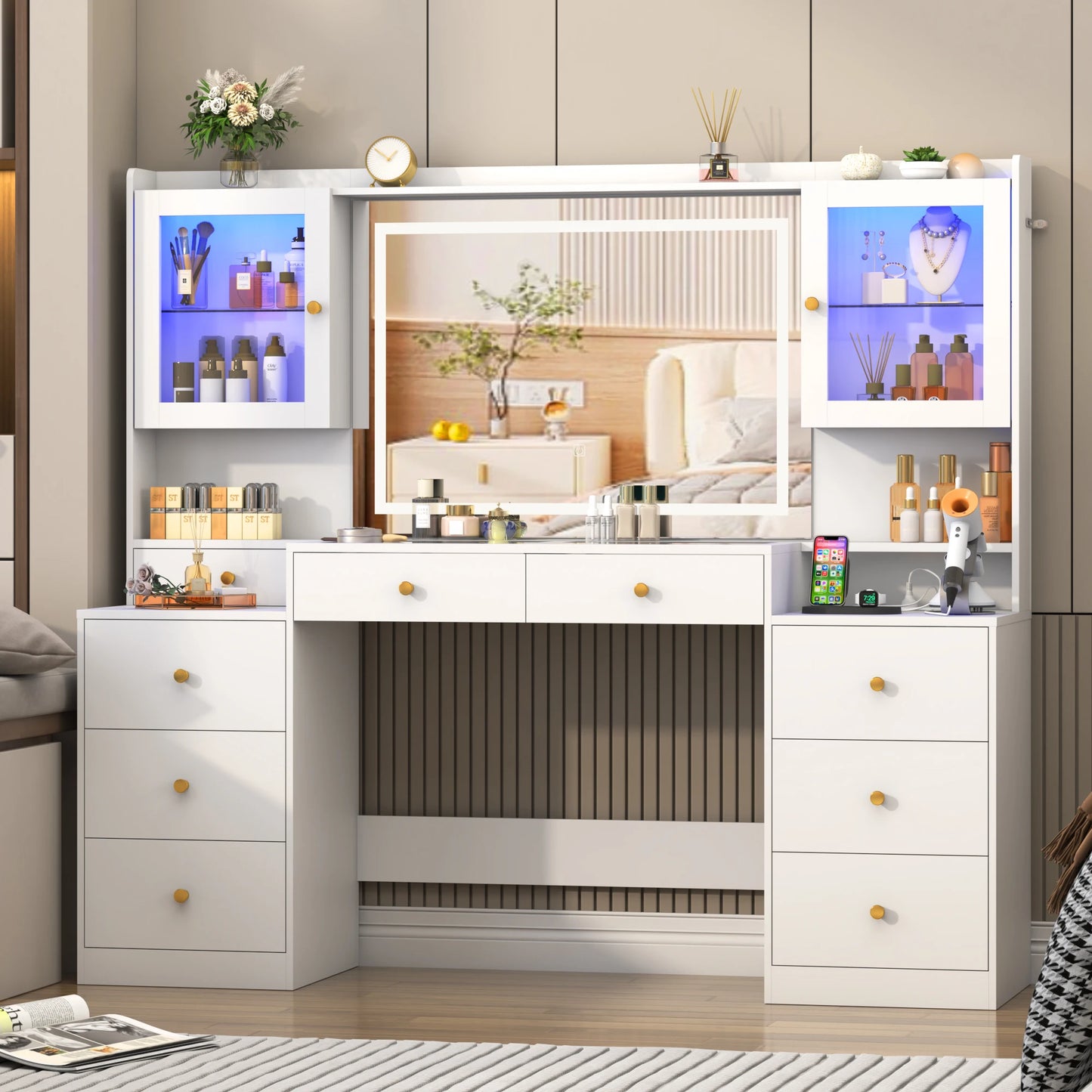 62" Large Vanity Desk with Mirror and Lights, Makeup Vanity with Charging Station, Sliding Drawers, 2 Cabinets with Glass Door