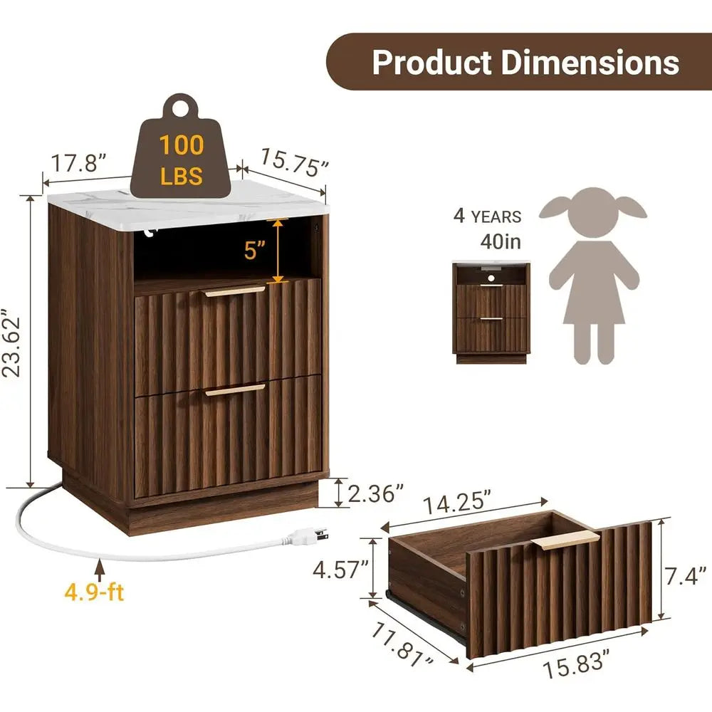 Walnut 2-Piece Nightstand Set with Charging & Marble Top, Storage End Tables for Bedroom