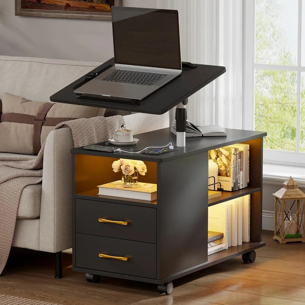 Nightstand with Charging Station, Bedside Table with LED Lights, Smart Side End Tabel Has Adjustable Rotary Table/Storage Drawer