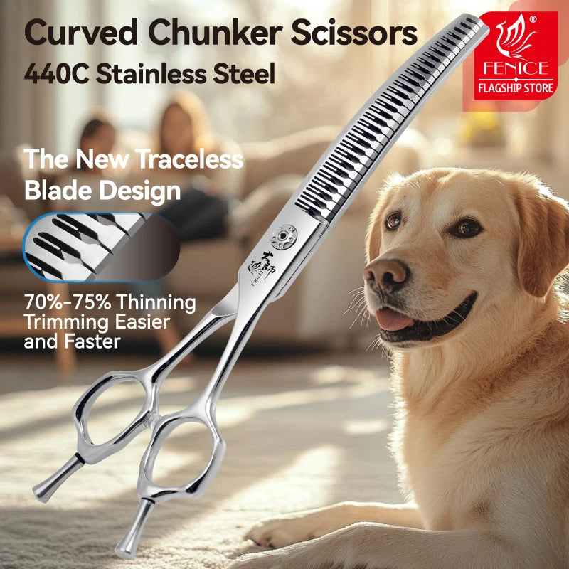 Fenice 7/7.5 Inch Professional Pet Grooming Scissors Curved Chunker Shears with Small Teeth Canine Hairdressing Scissors 70-75%