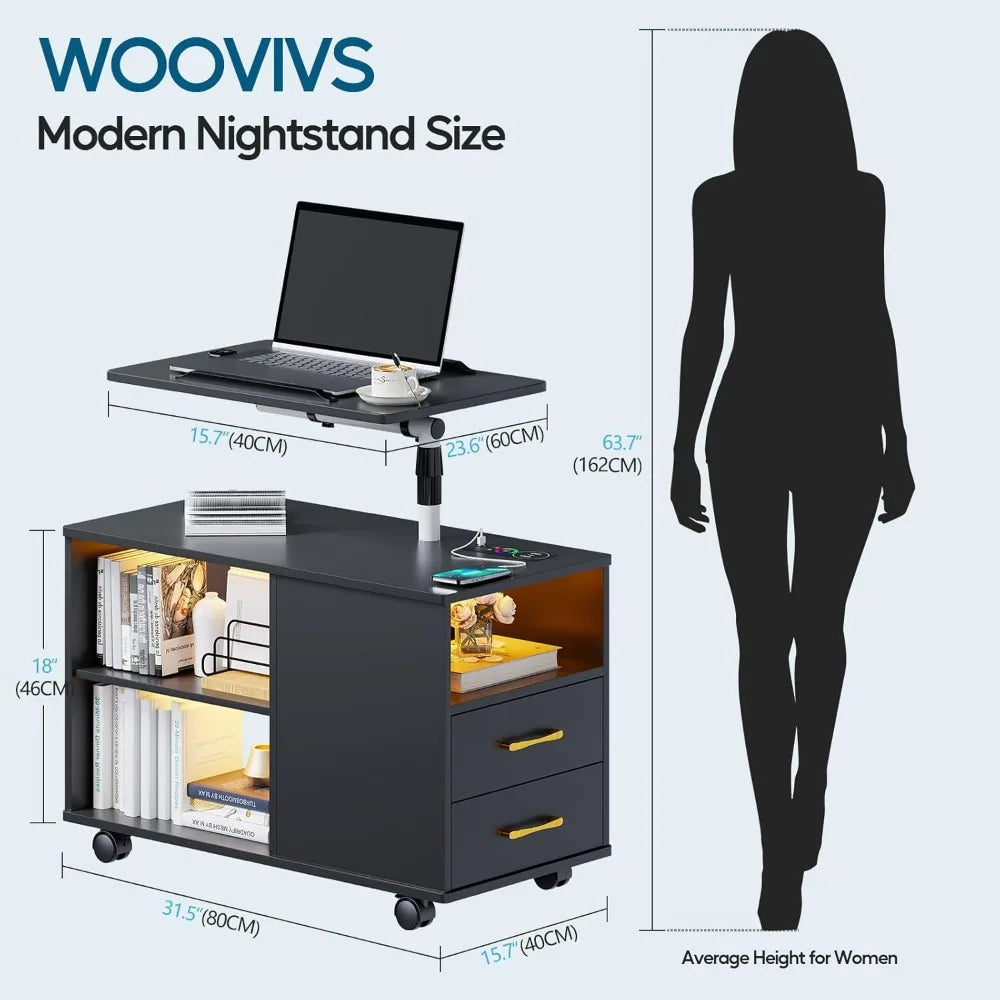 Nightstand with Charging Station, Bedside Table with LED Lights, Smart Side End Tabel Has Adjustable Rotary Table/Storage Drawer