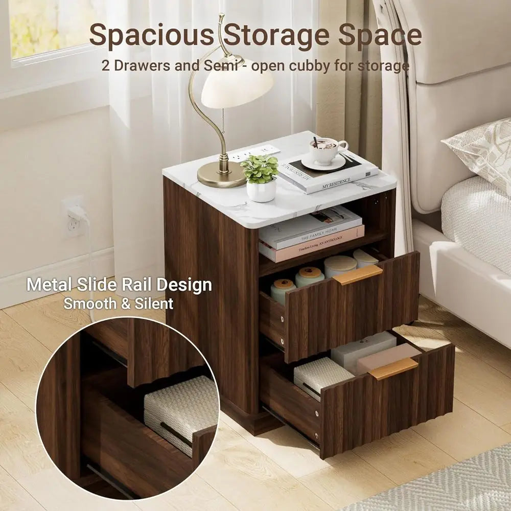 Walnut 2-Piece Nightstand Set with Charging & Marble Top, Storage End Tables for Bedroom