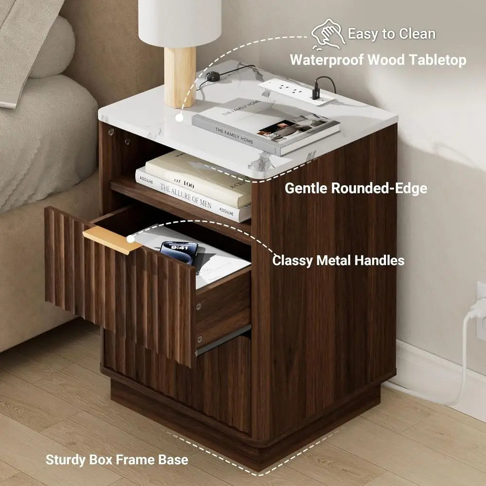Walnut 2-Piece Nightstand Set with Charging & Marble Top, Storage End Tables for Bedroom