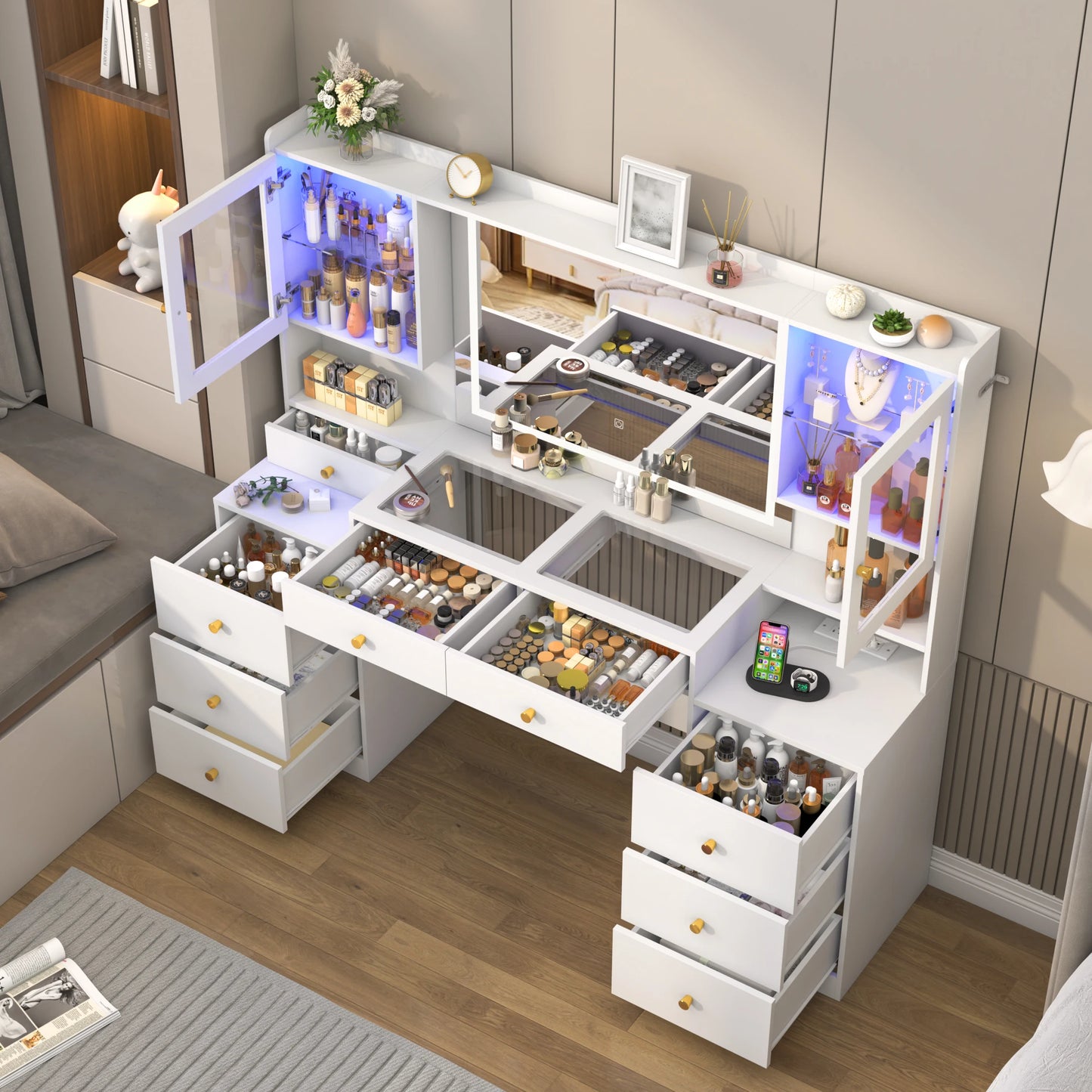62" Large Vanity Desk with Mirror and Lights, Makeup Vanity with Charging Station, Sliding Drawers, 2 Cabinets with Glass Door