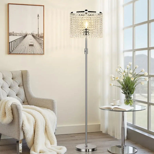 Dimmable Crystal Floor Lamps for Living Room, 1000LM LED Bulb Included, Standing Lamp with Knob Switch, Tall Silver Pole Light f