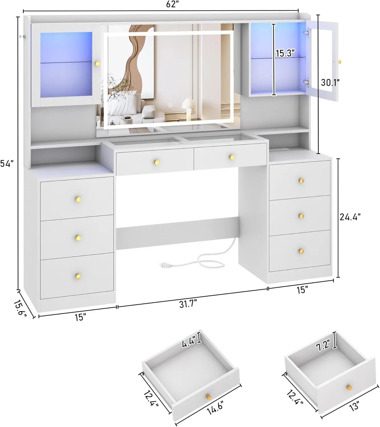 62" Large Vanity Desk with Mirror and Lights, Makeup Vanity with Charging Station, Sliding Drawers, 2 Cabinets with Glass Door
