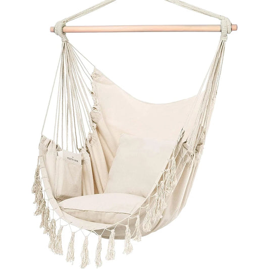 Macrame Hanging Chair with 2 Pillows | 500lb Capacity Cotton Rope Swing | Pocket Design Indoor/Outdoor Use