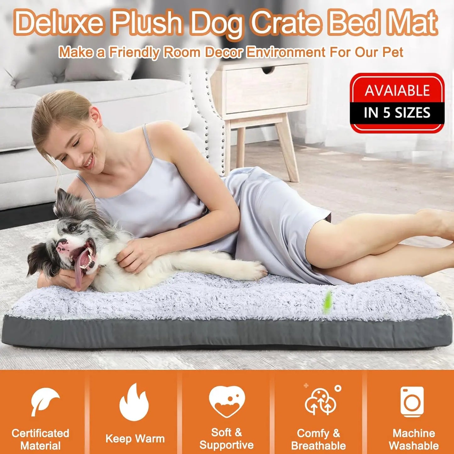 Deluxe Washable Dog Bed for Large Dogs, 35" x 23" Crate Mat, Comfy Fluffy Kennel Pad, Anti-Slip, Grey