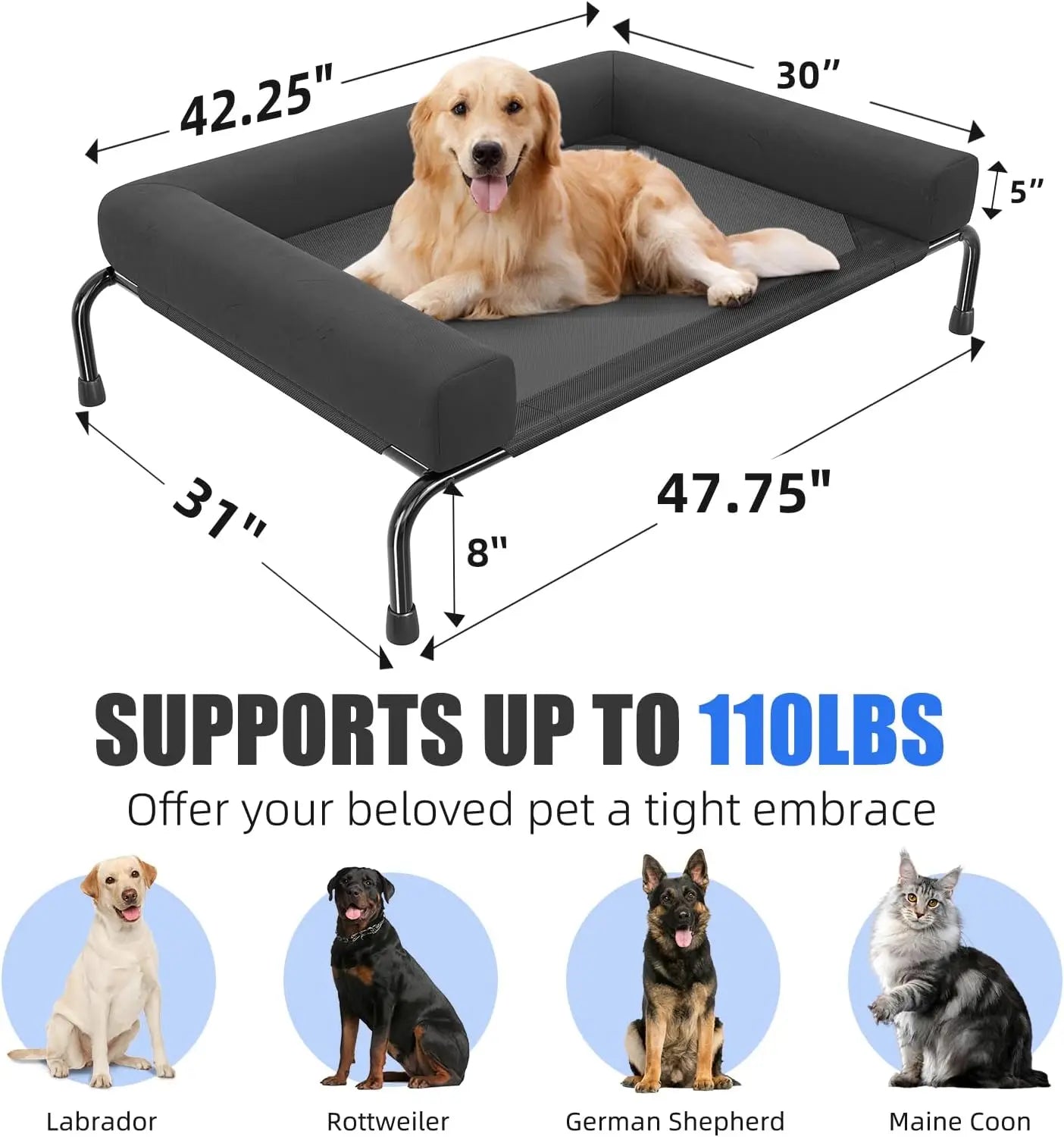 Elevated Cooling Dog Bed for Large Dogs, Breathable Outdoor Pet Cot with Bolsters, 47.75" x 31", Black
