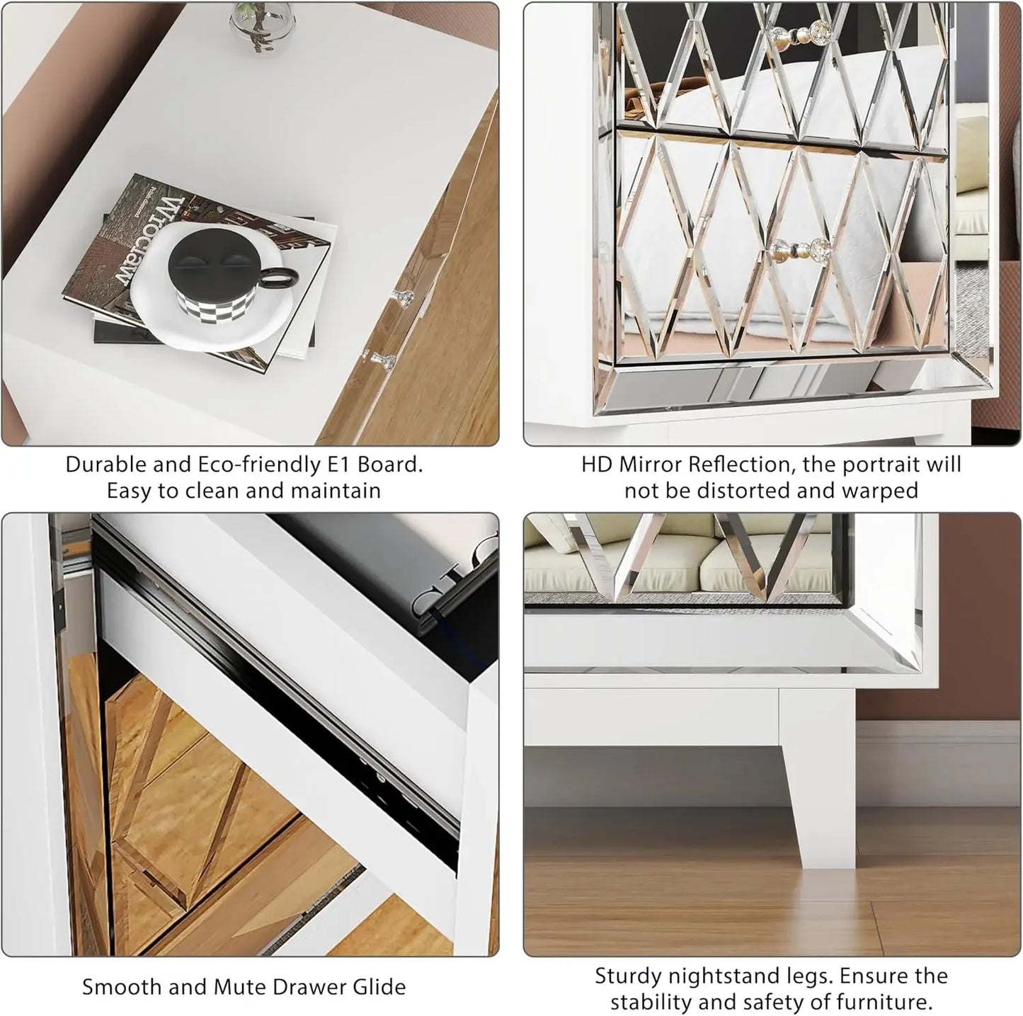 SHYFOY 12x18x22" Nightstand Mirrored, White Night Stand with 2 Drawers, Silver End Table, mesas de Noche para cuartos