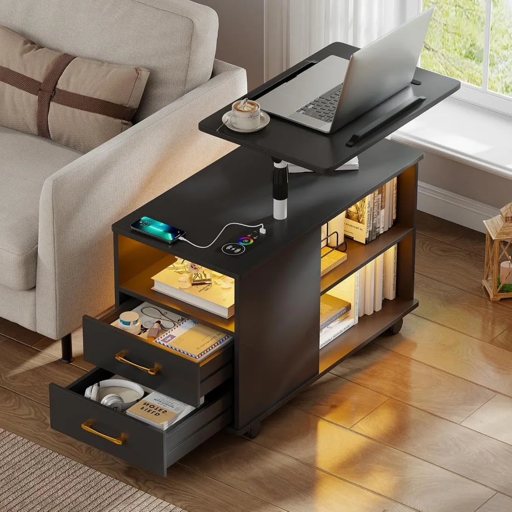 Nightstand with Charging Station, Bedside Table with LED Lights, Smart Side End Tabel Has Adjustable Rotary Table/Storage Drawer