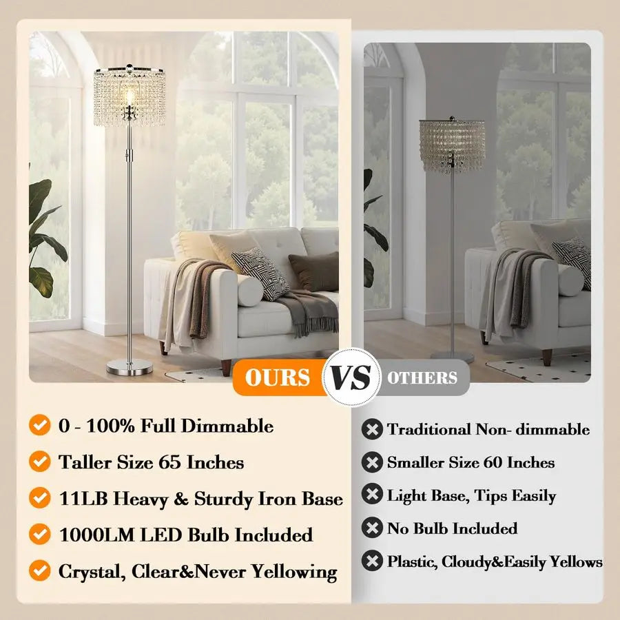 Dimmable Crystal Floor Lamps for Living Room, 1000LM LED Bulb Included, Standing Lamp with Knob Switch, Tall Silver Pole Light f