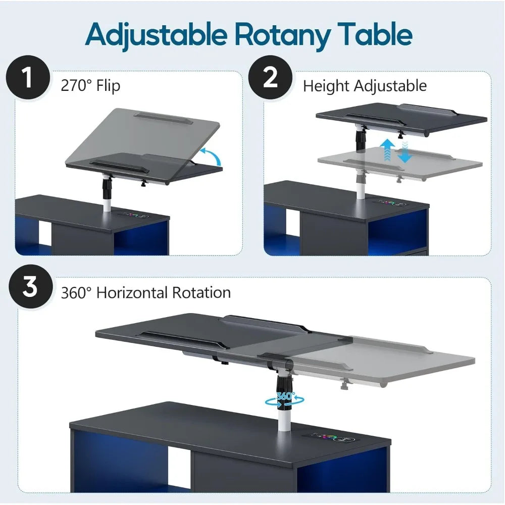 Nightstand with Charging Station, Bedside Table with LED Lights, Smart Side End Tabel Has Adjustable Rotary Table/Storage Drawer