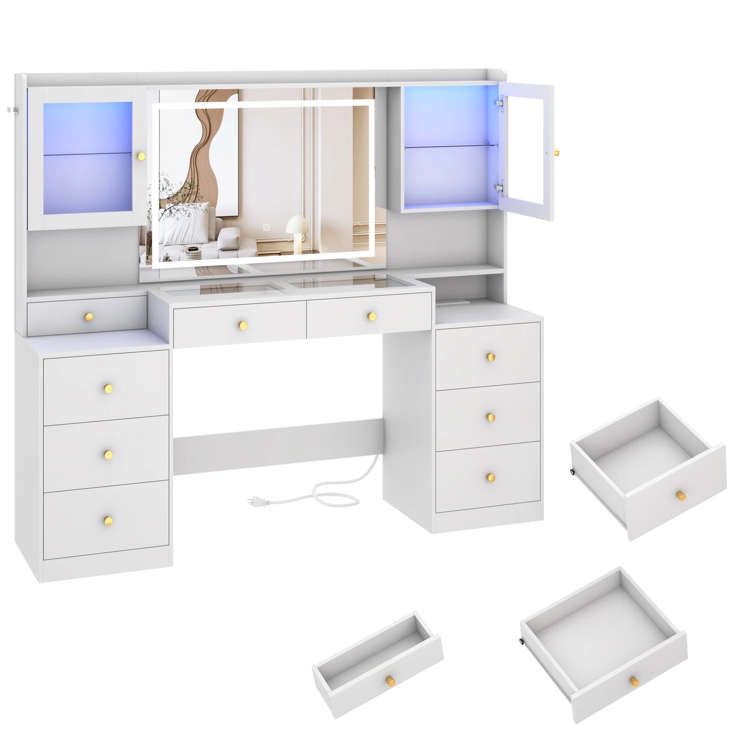 62" Large Vanity Desk with Mirror and Lights, Makeup Vanity with Charging Station, Sliding Drawers, 2 Cabinets with Glass Door