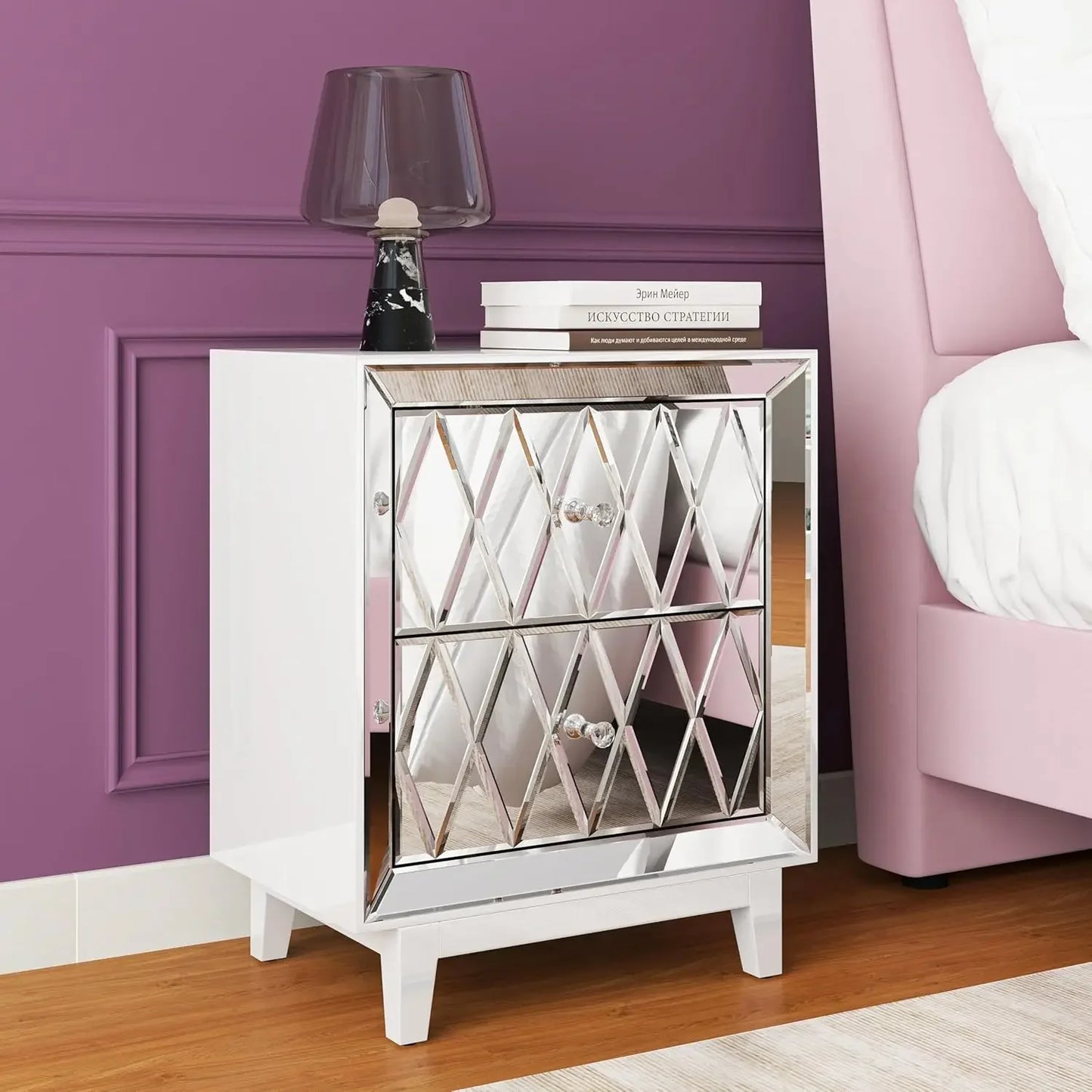 SHYFOY 12x18x22" Nightstand Mirrored, White Night Stand with 2 Drawers, Silver End Table, mesas de Noche para cuartos