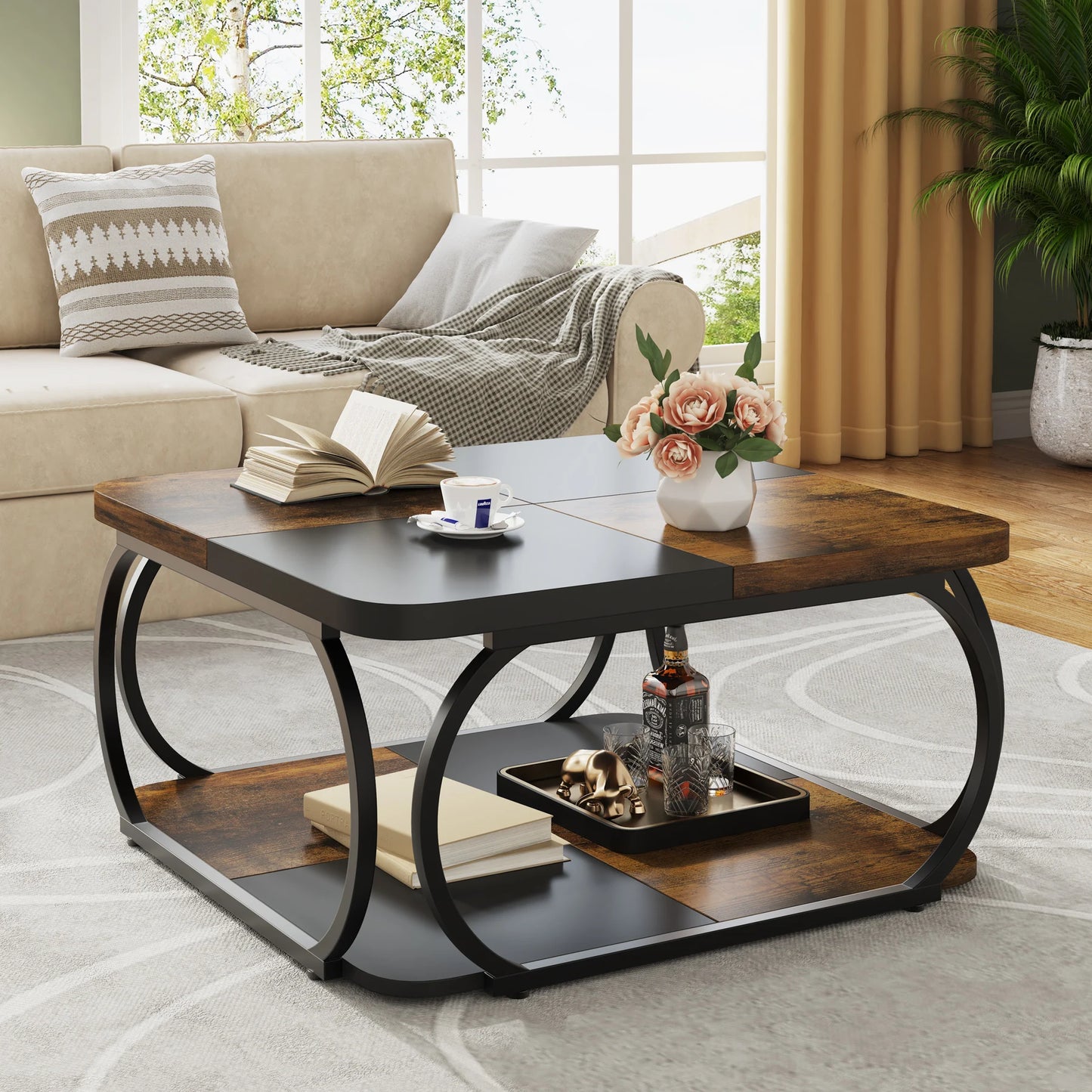 Tribesigns Square Coffee Table with 2 Tiers, 40 inches Low Farmhouse Coffee Table with Wood Storage Shelf Heavy Duty Metal Curve