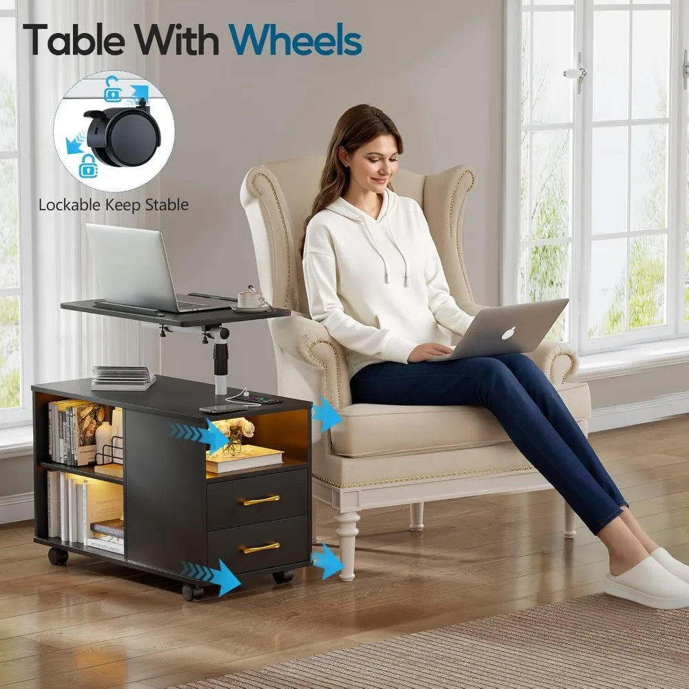 Nightstand with Charging Station, Bedside Table with LED Lights, Smart Side End Tabel Has Adjustable Rotary Table/Storage Drawer